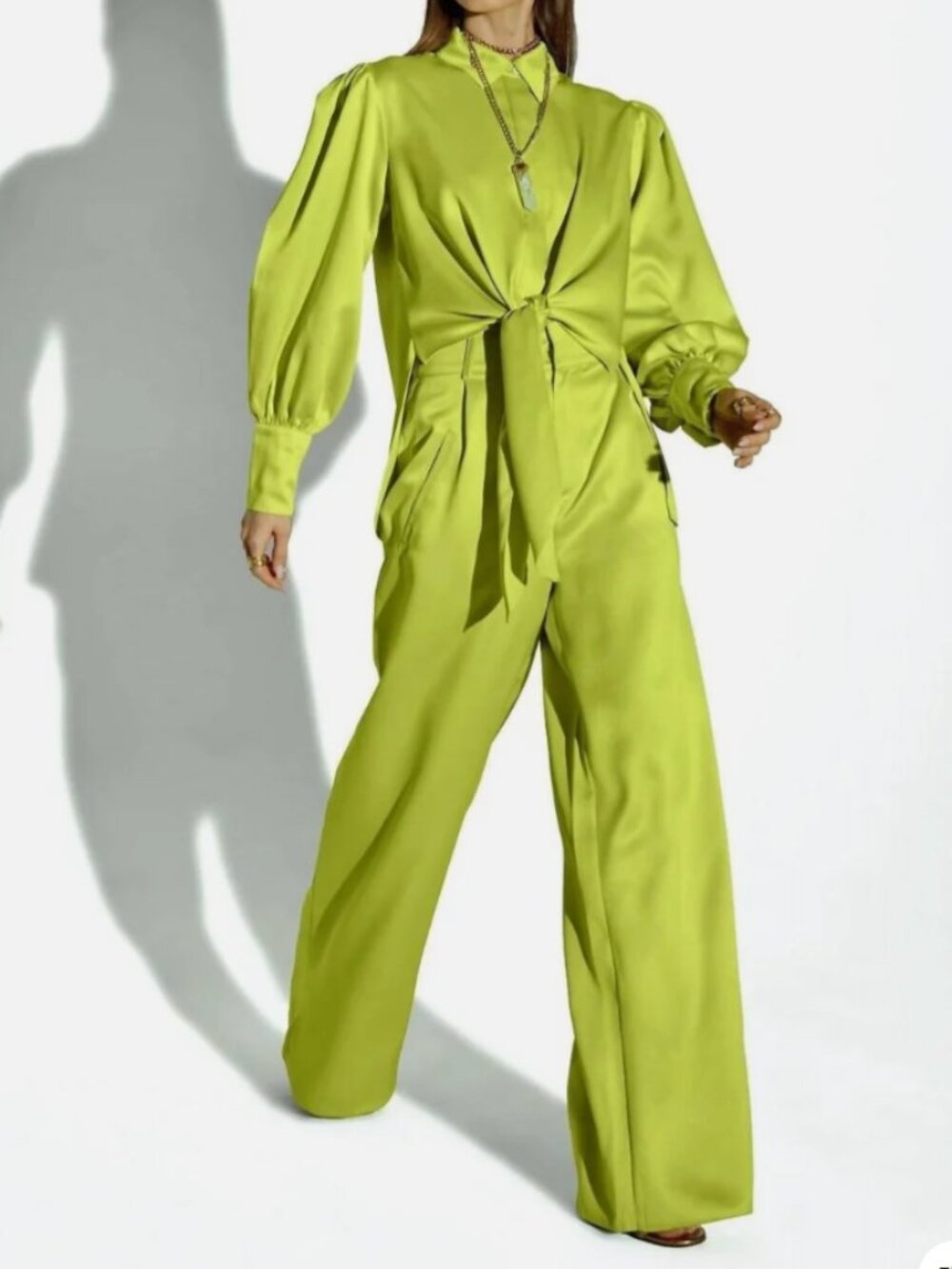 Cristina Sabatini Lime Green High Waisted Wide Leg Pants Size Small